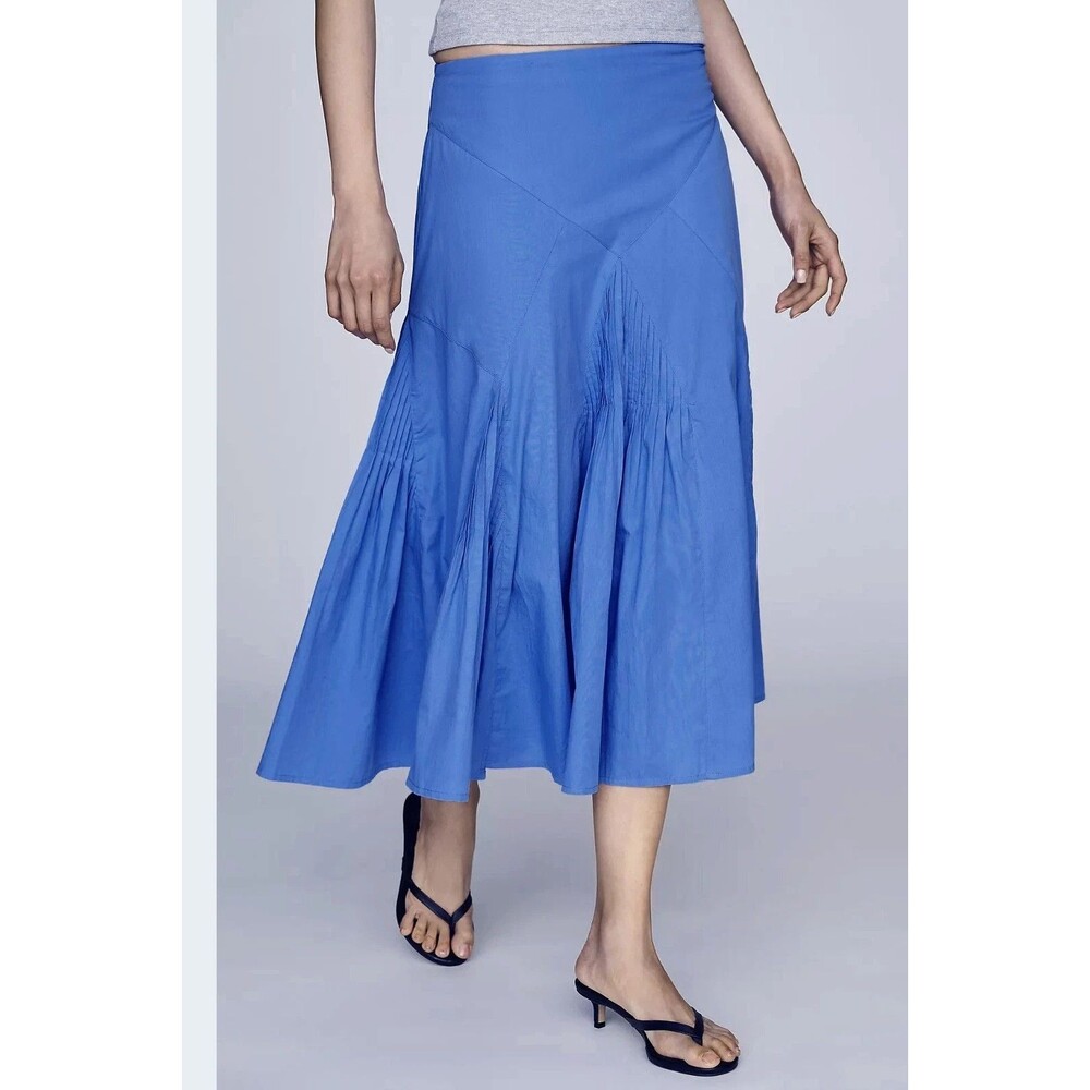 Anthropologie By Maeve Pintuck Midi Skirt Low-Rise Pull-on Cotton Blue S 291780